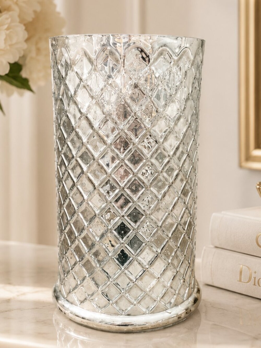 Vintage Mercury Glass Tall Diamond Shaped Mosaic Design Vase Wine Holder